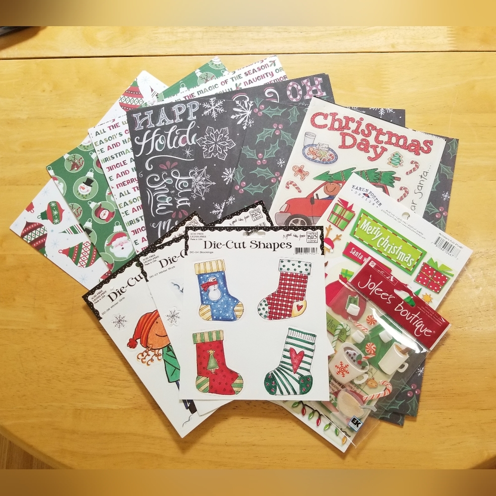 Lot of Christmas Patterned Cardstock and Stickers